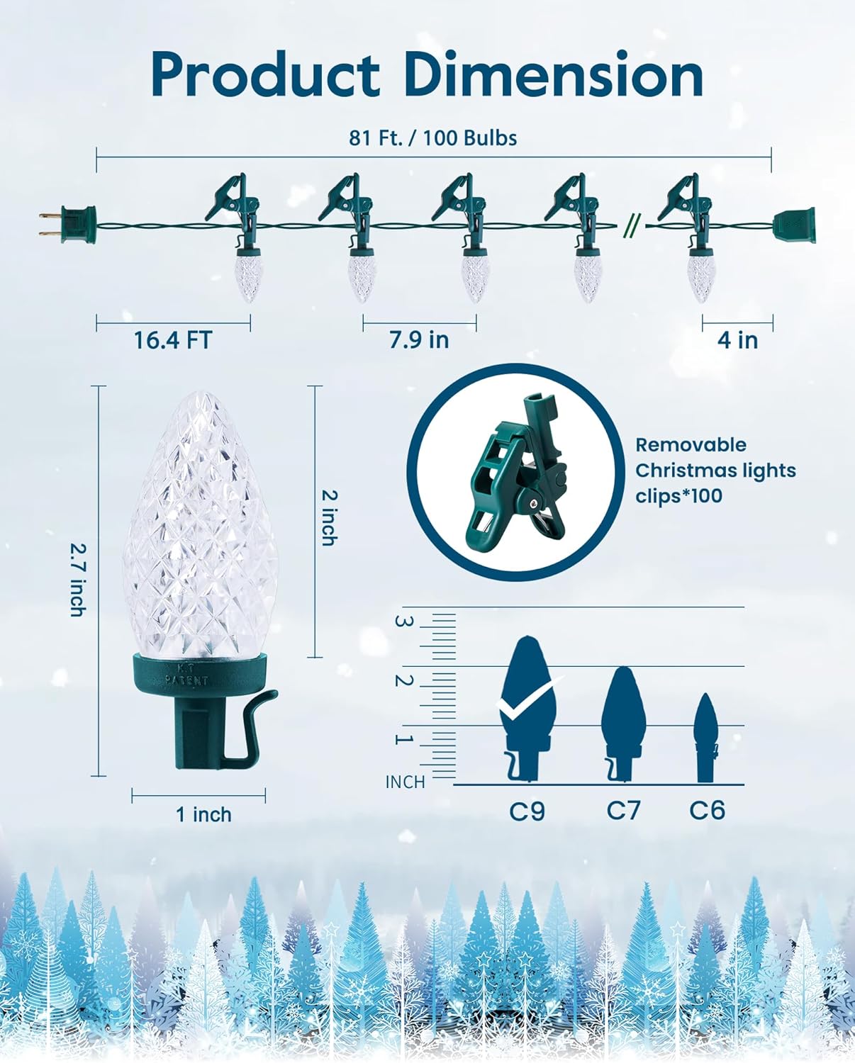 C9 Christmas Lights - 100 LED Waterproof String Lights | 65FT with 100 Spring Clips for Outdoor Decor