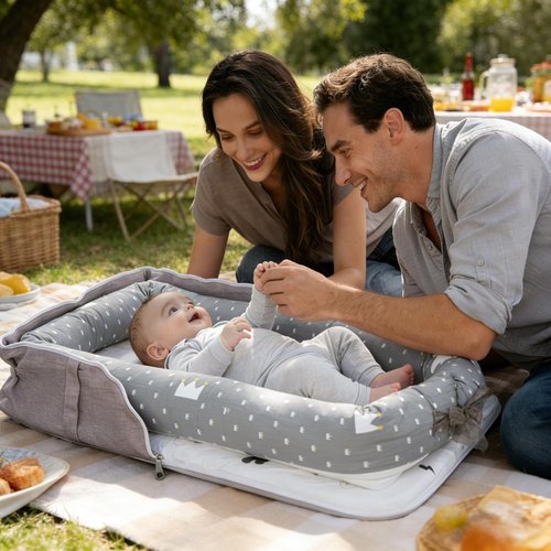 Baby Lounger by Crown | Portable Infant Lounger for Newborns to Toddlers 0-24 Months - Breathable Cotton, Adjustable Size & Travel Strap
