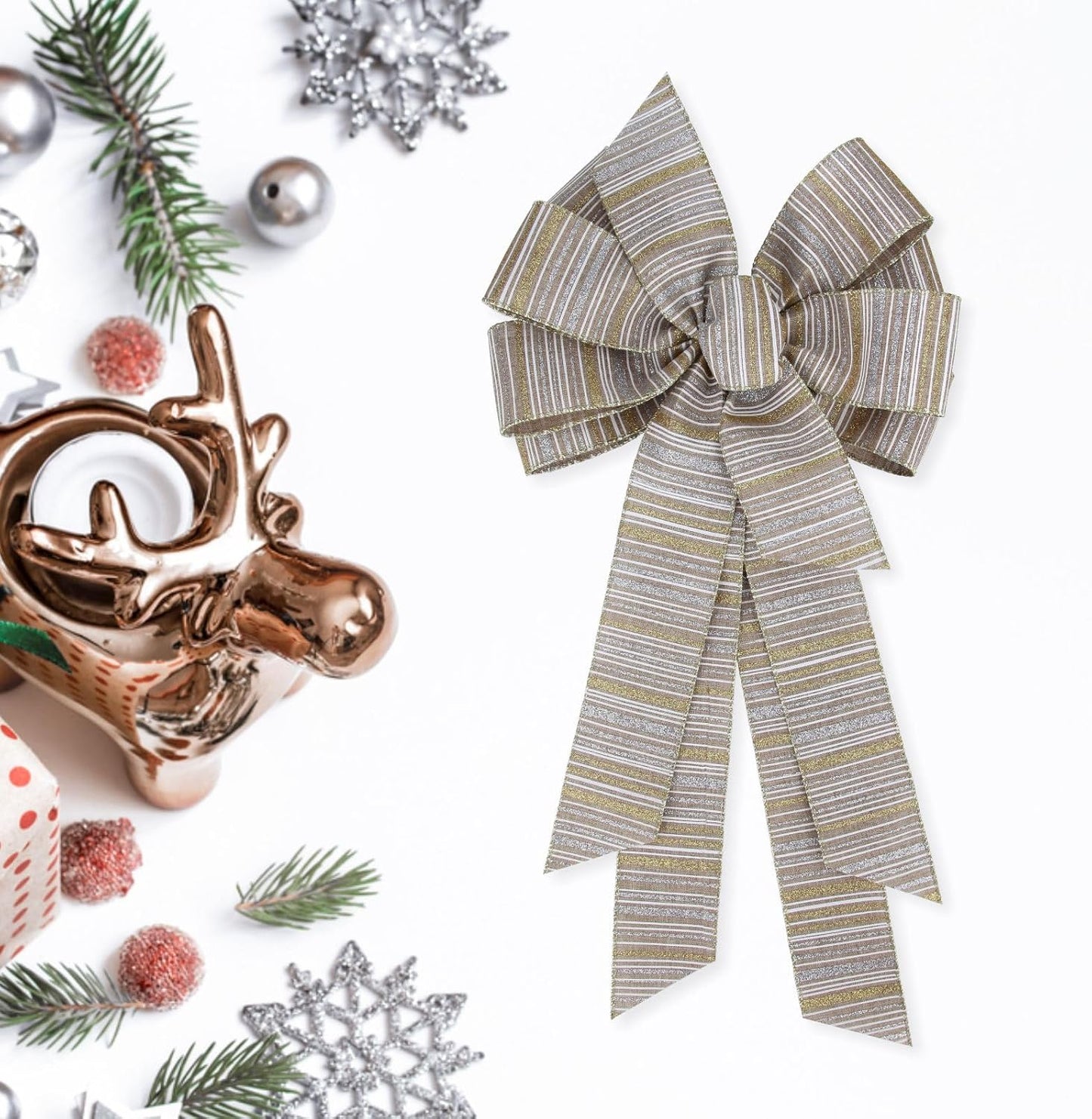 Meseey Large Burlap Ribbon Bow - Gold & Silver Glitter Stripe | 11 x 20 Inch for Christmas Gifts & Party Decor