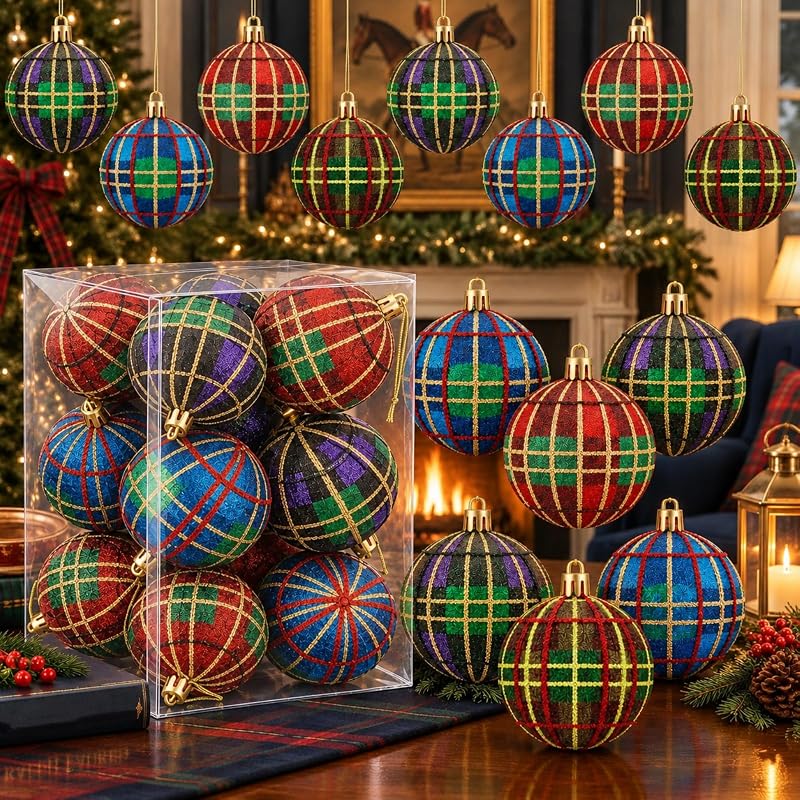 christmas plaid foam ball ornaments, 12pcs, 2.4" - glossy tartan holiday decorations (Plaid variation)