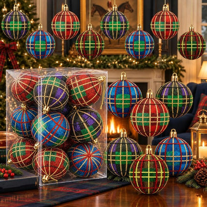 christmas plaid foam ball ornaments, 12pcs, 2.4" - glossy tartan holiday decorations (Plaid variation)