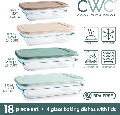 Cook With Color 8-Piece Deep Glass Baking Dish Set - Versatile Casserole & Food Storage Containers, Mint