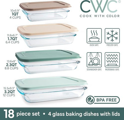 Cook With Color 8-Piece Deep Glass Baking Dish Set - Versatile Casserole & Food Storage Containers, Mint