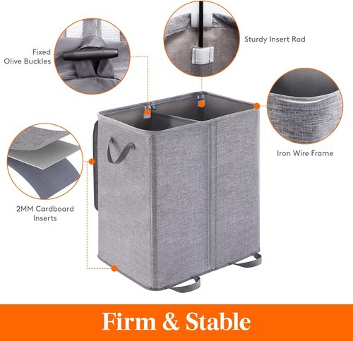 Lifewit Double Laundry Hamper - Large Collapsible Basket with Lid & Removable Bags | 155L Grey