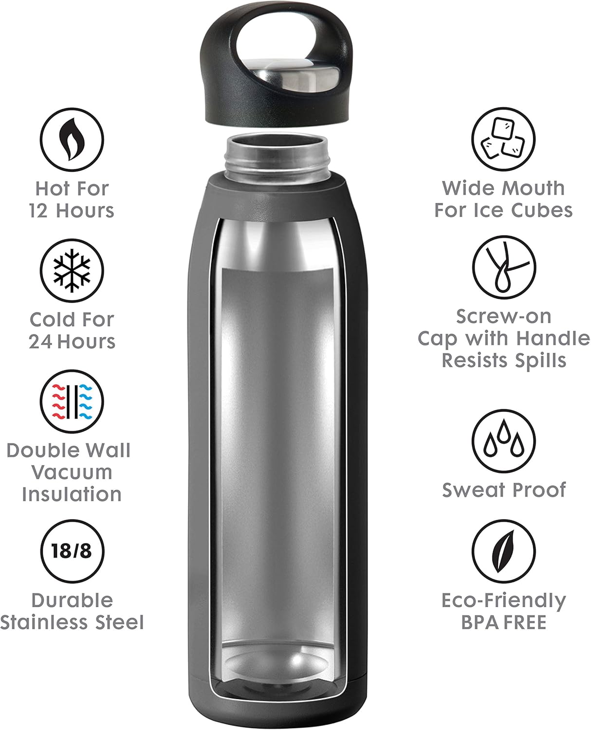 OGGI Freestyle Stainless Steel Insulated Water Bottle- Double Wall Vacuum Insulated, Travel Thermos, 23oz(680ml), Black
