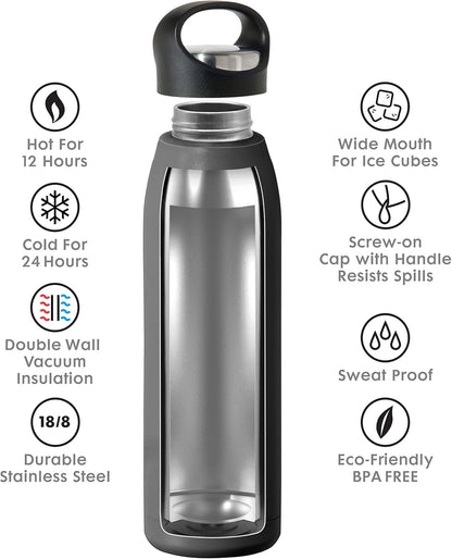 OGGI Freestyle Stainless Steel Insulated Water Bottle- Double Wall Vacuum Insulated, Travel Thermos, 23oz(680ml), Black