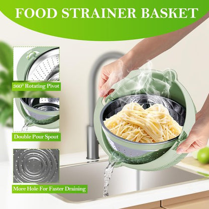 4-1 Colander with Mixing Bowl Set, Food Strainers and Colanders Set for Kitchen, Pasta Rice Strainer, Fruit and Veggie Washer, Salad Spinner, Kitchen Essentials Strainer Basket Bowl, Green