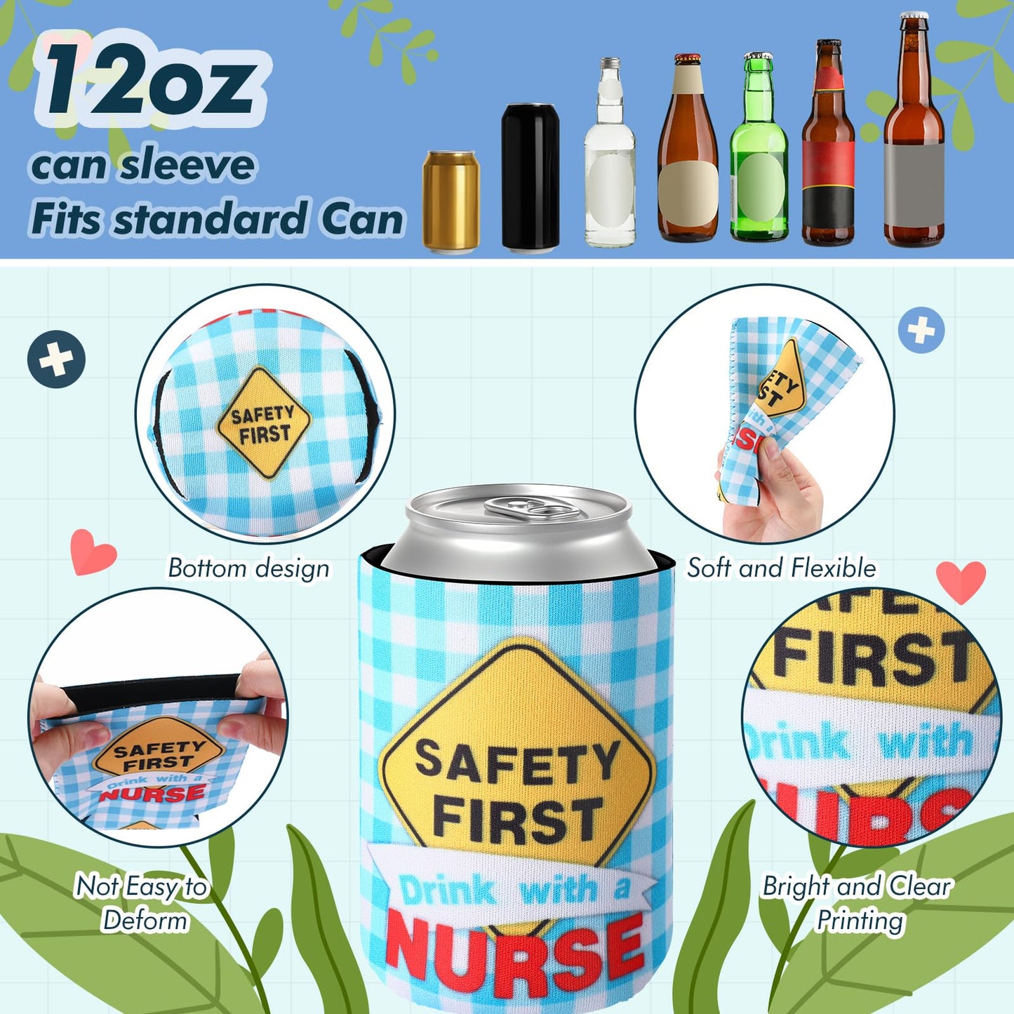 Ninehaoou 24 Pack Nurse Can Coolers Nurses Week Decorations Funny Nursing Day Can Coolers Sleeves for Nurse Graduation Rn Themed Party Nursing Party Decoration Supplies, 8 Styles,12 oz