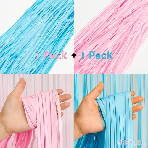 GREATRIL Photo Backdrop - Pink & Blue Foil Fringe Tinsel Streamers for Parties | 3.2ft X 8.2ft - 2 Packs