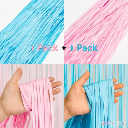 GREATRIL Photo Backdrop - Pink & Blue Foil Fringe Tinsel Streamers for Parties | 3.2ft X 8.2ft - 2 Packs