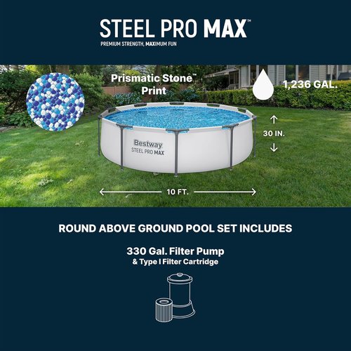 Bestway Steel Pro MAX 10' x 30" Above Ground Pool - Durable Round Metal Frame with Filter Pump & Cartridge