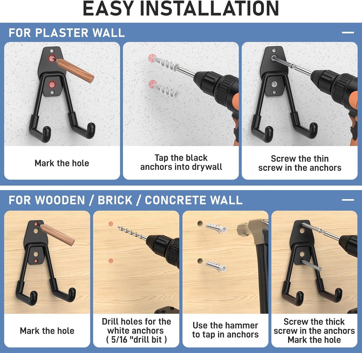 Skiennix Heavy Duty Garage Hooks - Anti-Slip Wall Mount Storage for Bikes, Hoses & Tools | 30 Pack Black