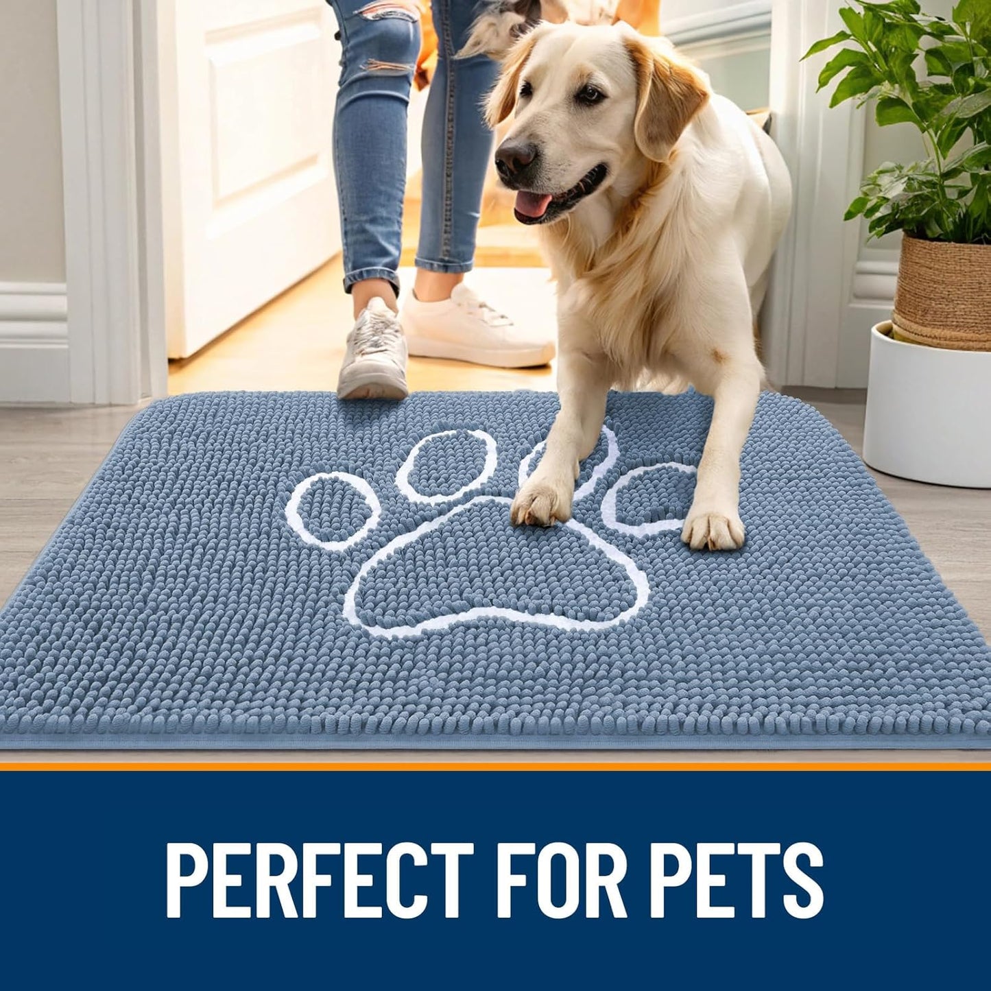 OLANLY Dog Door Mat - Absorbent Muddy Paws Doormat | Non-Slip, Quick Dry Chenille, 32x20, Airy Blue & White