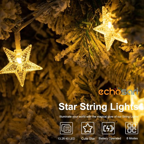 Echosari Star String Lights - Battery Operated LED Fairy Lights with Auto Timer | 158in, 8 Modes for Kids' Room, Party & Wedding Décor (Warm White)