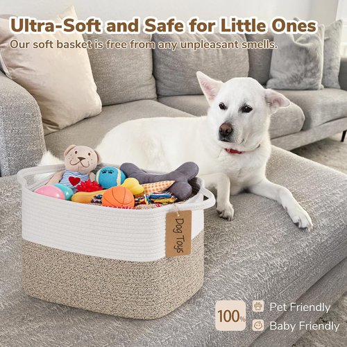 Goodpick Woven Storage Basket - Stylish Cotton Rope Organizer for Dog Toys & Books | 13 x 10 x 9 Inches, Brown & White