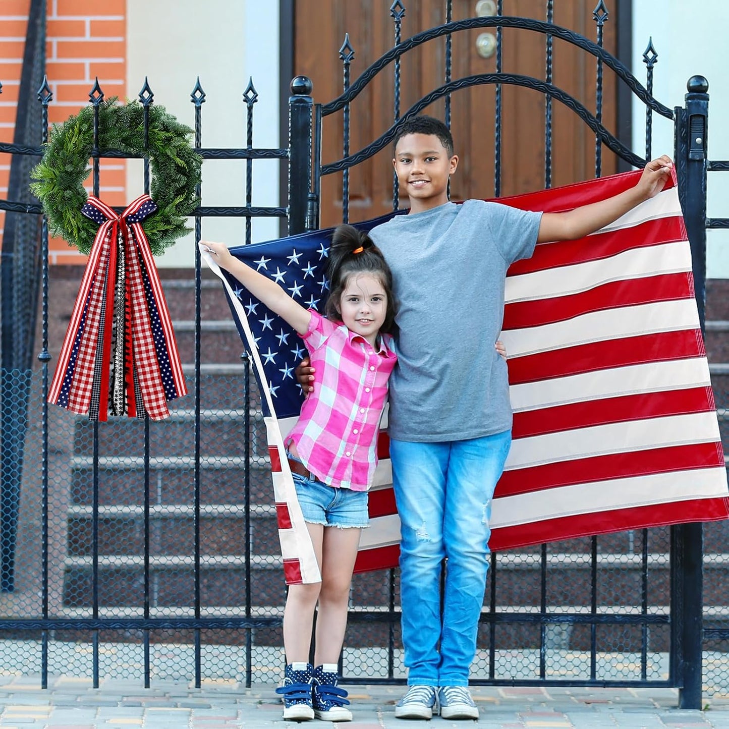 Riceshoot Patriotic 4th of July Wreath - Large Red, White & Blue Bow for Indoor/Outdoor Decor