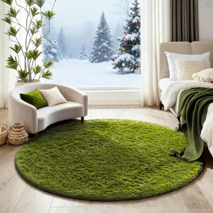 Ophanie Green Round Rug - 4Ft Plush Shaggy Area Rug for Kids' Room Decor | Soft Fluffy Carpet