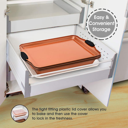 Perlli Nonstick Baking Sheet Set - 4-Piece Copper Carbon Steel Bakeware with Silicone Grips | Includes 2 Cookie Sheets & Baking Pan with Lid