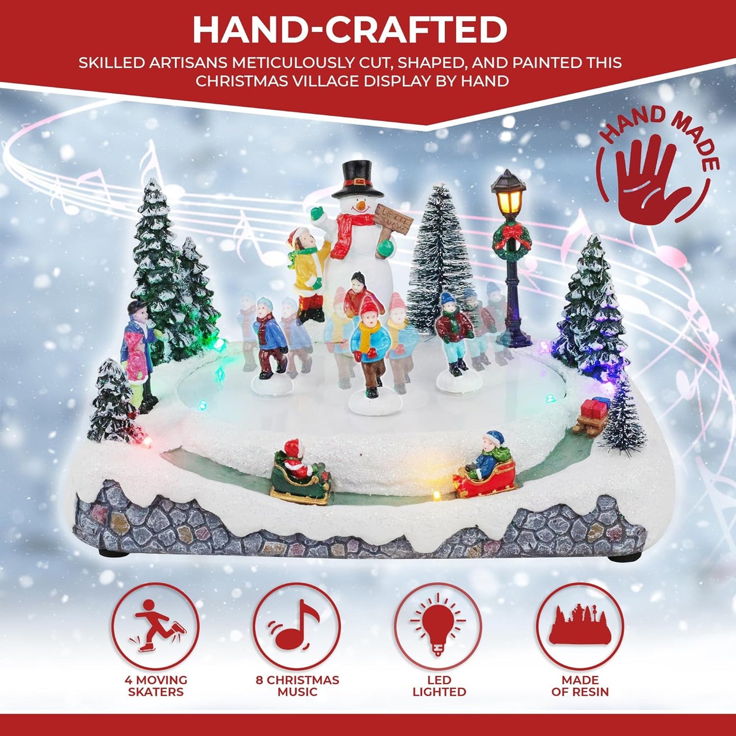 Animated Christmas Village Skating Pond - Lighted Musical Snow Scene with 4 Moving Skaters