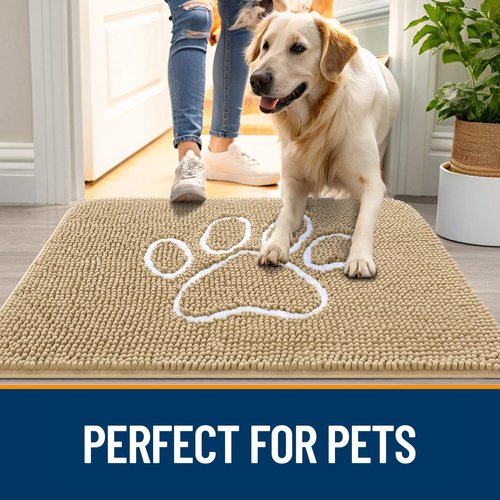 OLANLY Dog Door Mat for Muddy Paws 47x20, Paw Print Design, Absorbs Moisture and Dirt, Absorbent Non-Slip Washable Doormat, Quick Dry Chenille Mud Mat for Dogs, Entry Indoor Entryway Carpet, Beige
