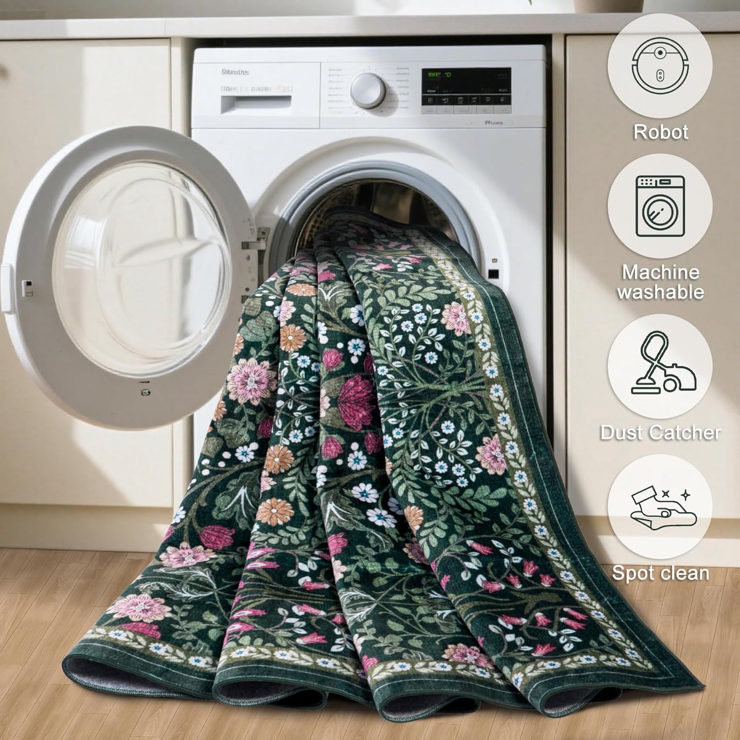 Skiennix 6x9 Area Rug - Vintage Floral Design | Washable, Soft, Non-Slip, Stain Resistant - Dark Green