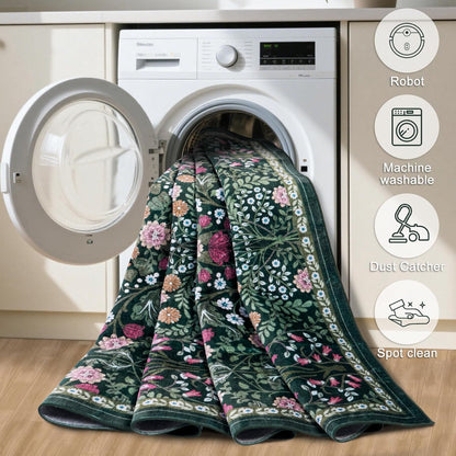 Skiennix 6x9 Area Rug - Vintage Floral Design | Washable, Soft, Non-Slip, Stain Resistant - Dark Green