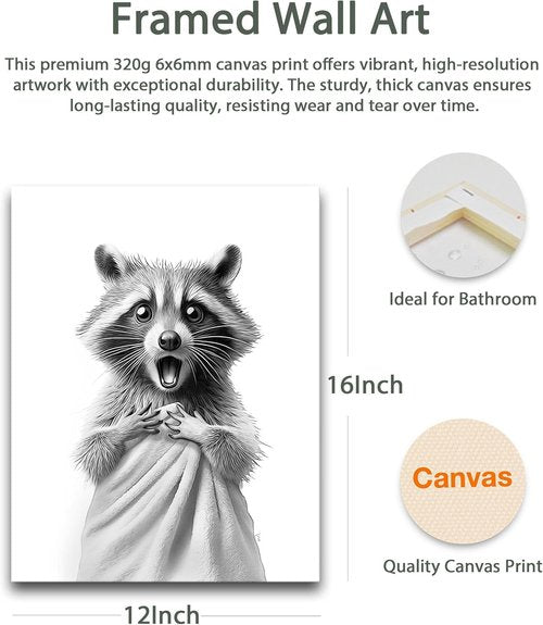 HesenDot Raccoon Wall Art - Funny Black and White Bathroom Canvas Print | 12x16in Cute Decor