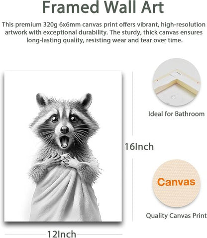 HesenDot Raccoon Wall Art - Funny Black and White Bathroom Canvas Print | 12x16in Cute Decor