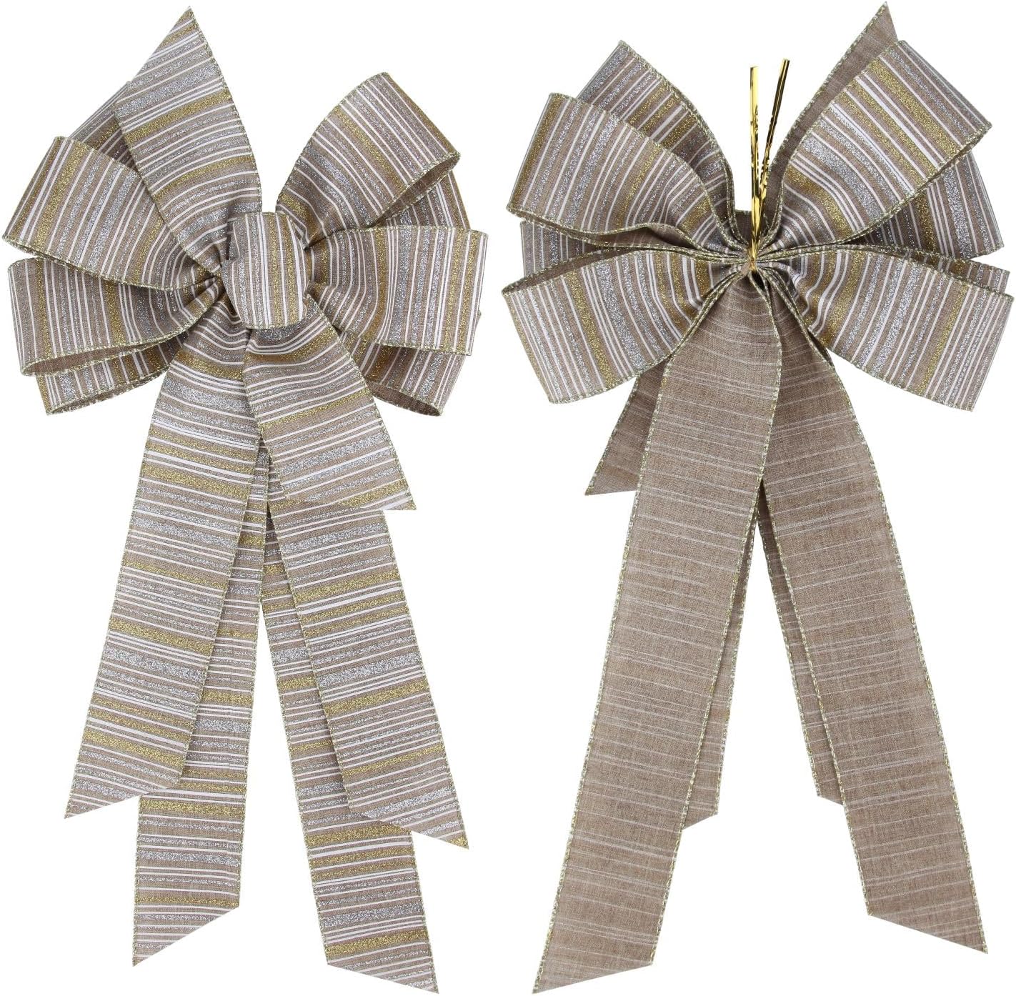 Meseey Large Burlap Ribbon Bow - Gold & Silver Glitter Stripe | 11 x 20 Inch for Christmas Gifts & Party Decor