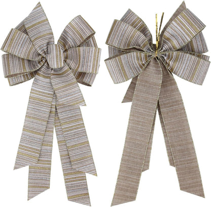 Meseey Large Burlap Ribbon Bow - Gold & Silver Glitter Stripe | 11 x 20 Inch for Christmas Gifts & Party Decor
