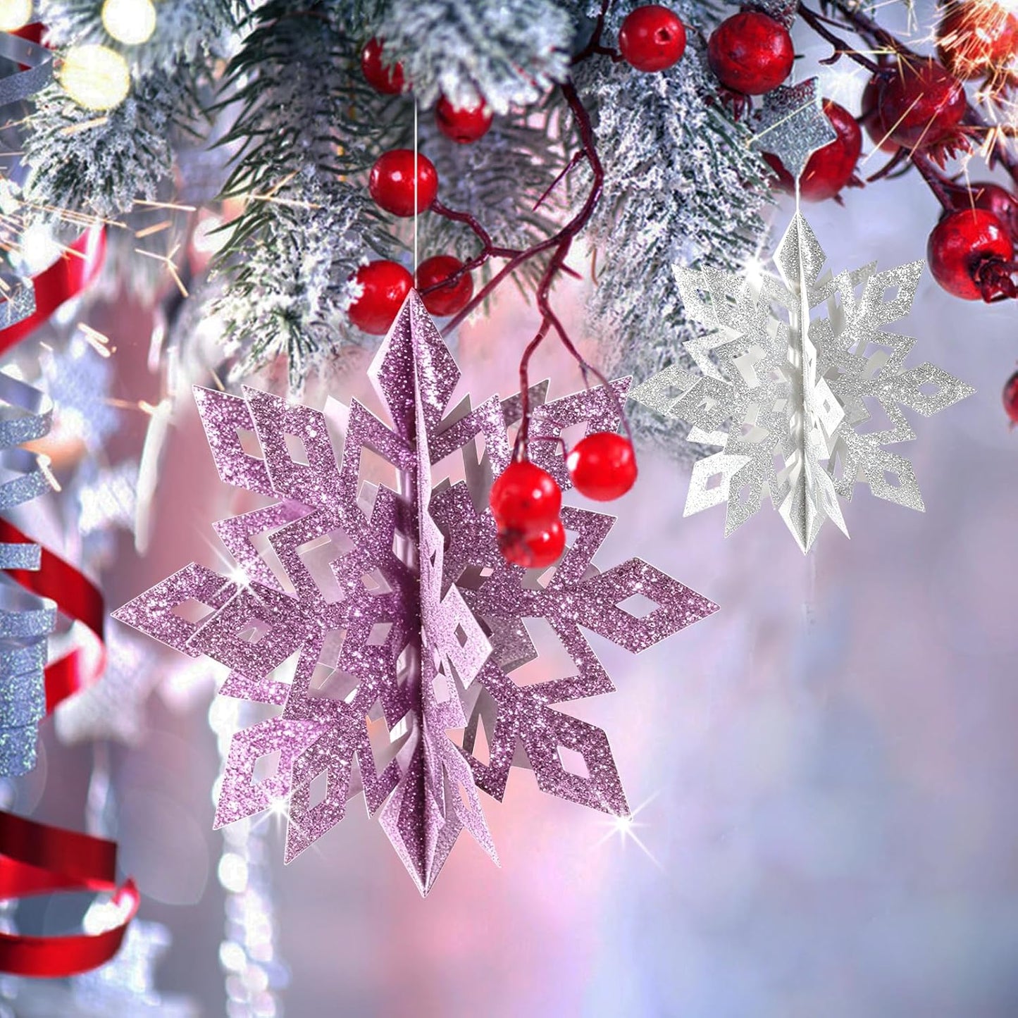 Skiennix 3D Glitter Snowflakes Decorations - 15pcs Purple & Silver Paper Garland for Winter Wonderland Parties