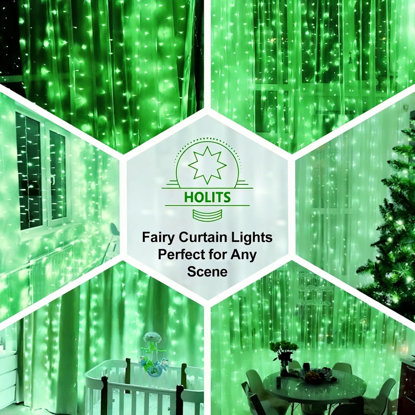 Skiennix 300 LED Fairy Curtain Lights - 9.8 x 9.8FT Green USB Plug with Remote & 8 Modes for Indoor/Outdoor Decor