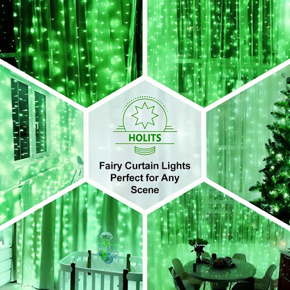 Skiennix 300 LED Fairy Curtain Lights - 9.8 x 9.8FT Green USB Plug with Remote & 8 Modes for Indoor/Outdoor Decor