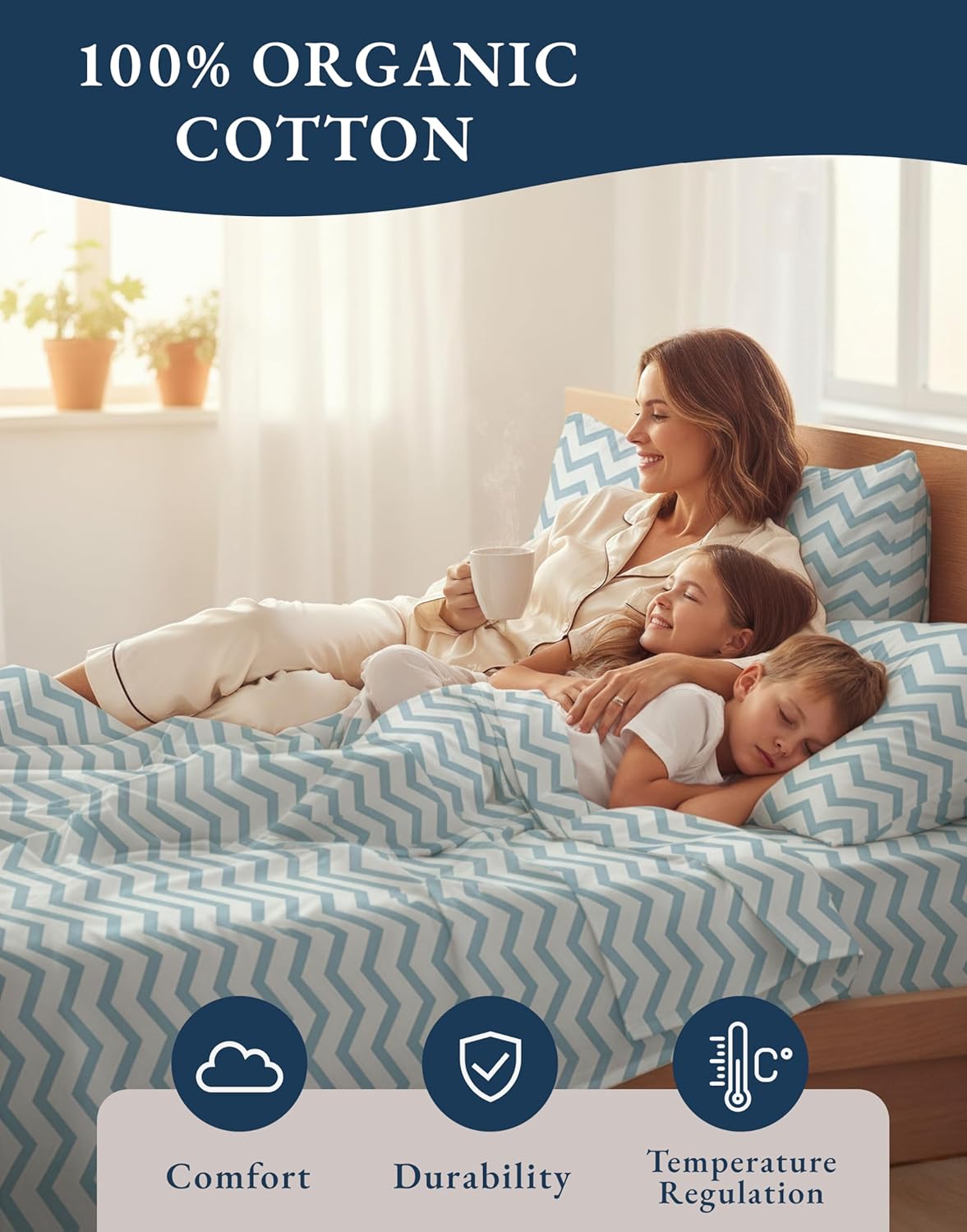**LANE LINEN Organic Cotton Twin Bed Sheets - Naturally Cooling, Fully Elasticized, Eco-Friendly Chevron Design**