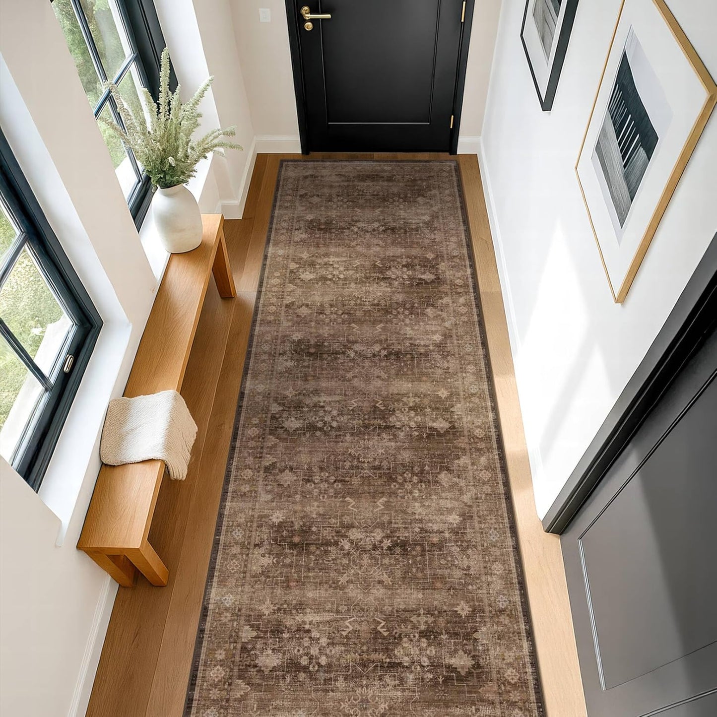 Skiennix Brown Washable Runner Rug - Non-Slip Rubber Backing | 2'6"x8' for Hallways & Entryways