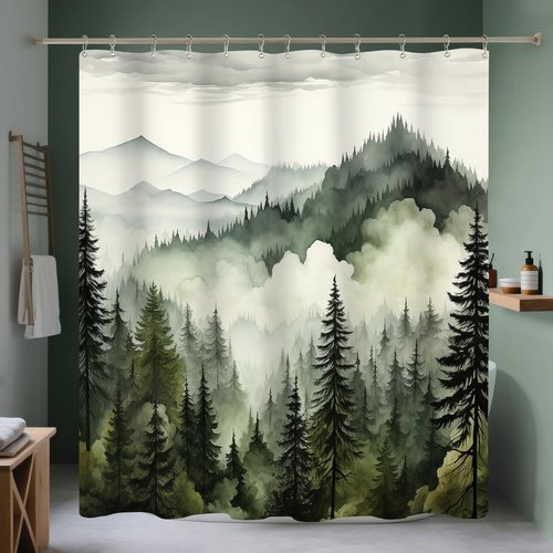 BayNook Dark Green Misty Forest Shower Curtain, Mountain Nature Shower Curtain for Bathroom, Rustic Woodland Pine Tree Landscape Mens Decor Waterproof Fabric Shower Curtain Set with Hooks, 72x72