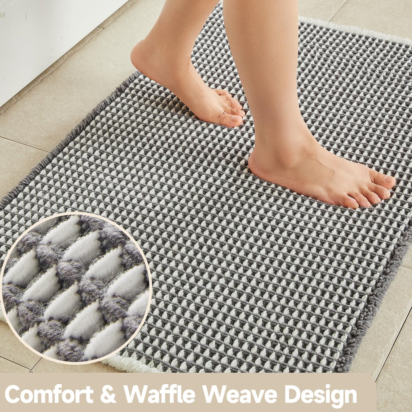 TYUU Waffle Bath Mat, Boho Bathroom Rugs Non Slip Washable Super Absorbent Quick Dry Bath Mat Farmhouse Bathroom Decor, 30"x20" Grey and White