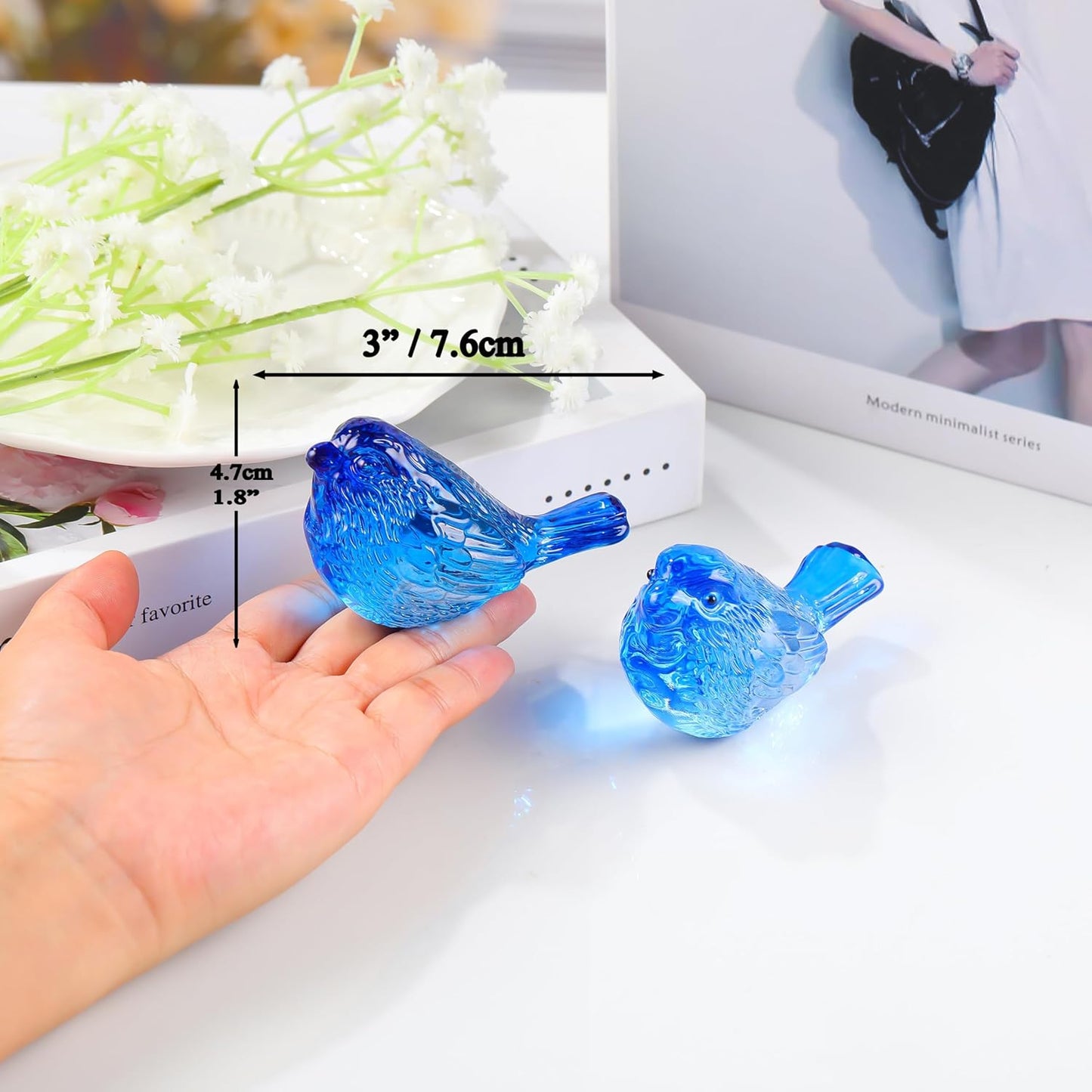 Qianwei Crystal Bird Figurine Set - Handmade Blown Glass Blue Birds for Office Desk Decor | 2-Piece Collectible