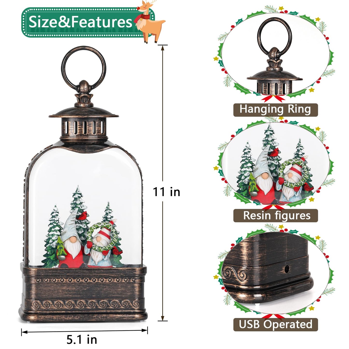 Eyrosa Christmas Snow Globe, Gnome Snow Globe Glitter Lighted with Music, Musical Christmas Decorations USB and Battery Operated Lantern, Christmas Decor for Home