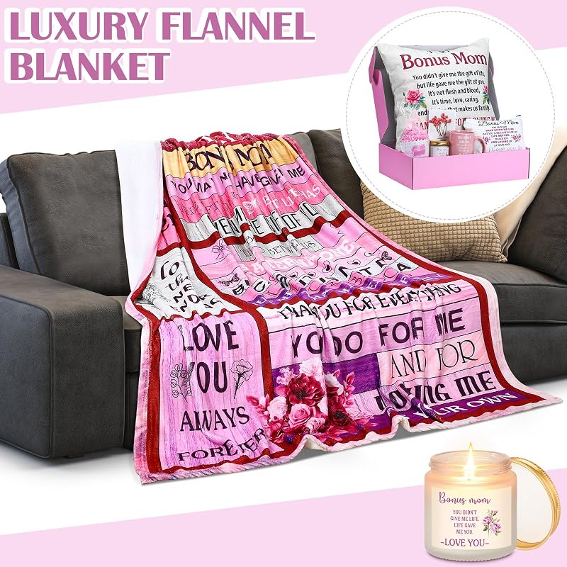 Gift Set for Stepmom - 11 Pcs Blanket, Mug, Makeup Bag, Socks, Pillowcase & More