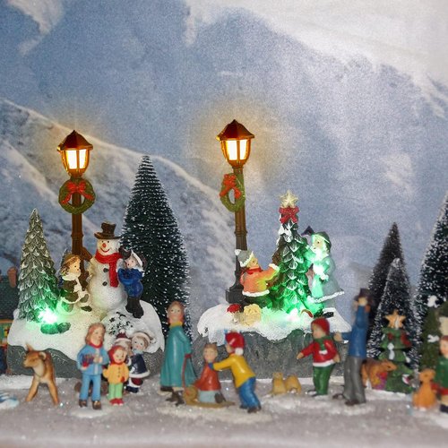 Karenhi Christmas Village Set - 2 Pcs Snowman, Tree & Santa Figurines with LED Lights | Rustic Tabletop Decor