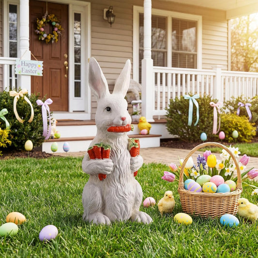 Yookeer 13-Inch Large Bunny Sculpture - Spring Resin Rabbit Figurine with Carrot for Easter Decor