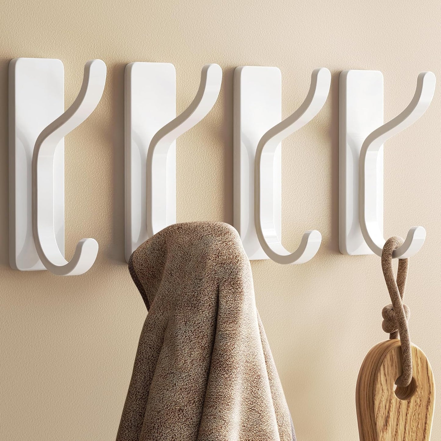 Pickpiff Adhesive Wall Coat Hooks - Heavy-Duty Stick-On Metal Hangers for Towels, Bags, and More | White, 4-Pack