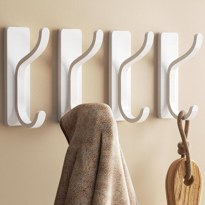Pickpiff Adhesive Wall Coat Hooks - Heavy-Duty Stick-On Metal Hangers for Towels, Bags, and More | White, 4-Pack