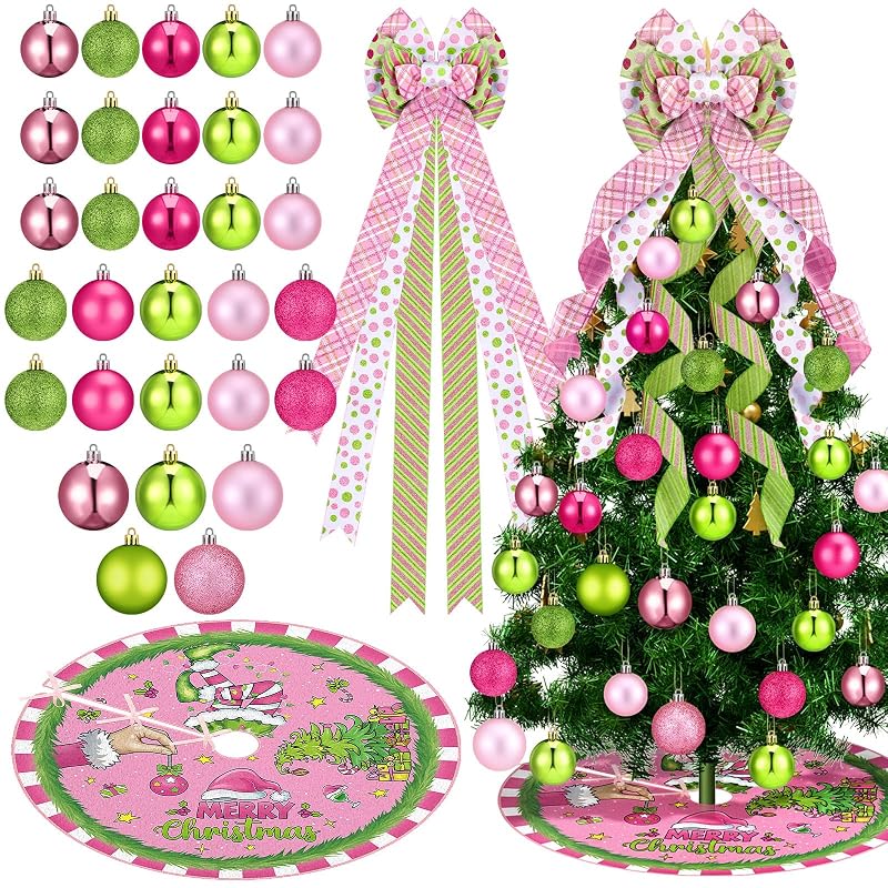 Gejoy 32 Pcs Pink & Lime Green Christmas Tree Decoration Set - Variation: Pink Green Christmas