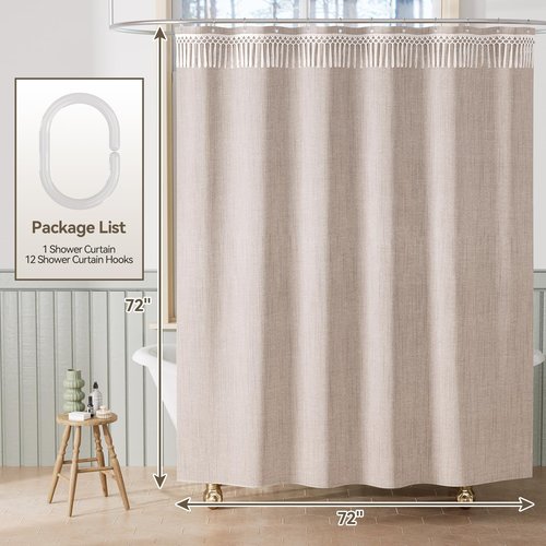 AmazerBath Taupe Boho Shower Curtain with Tassels, Linen Textured Farmhouse Shower Curtain Set with 12 Hooks, Washable Water-Repellent Neutral Fabric, 72x72 Inches Tan