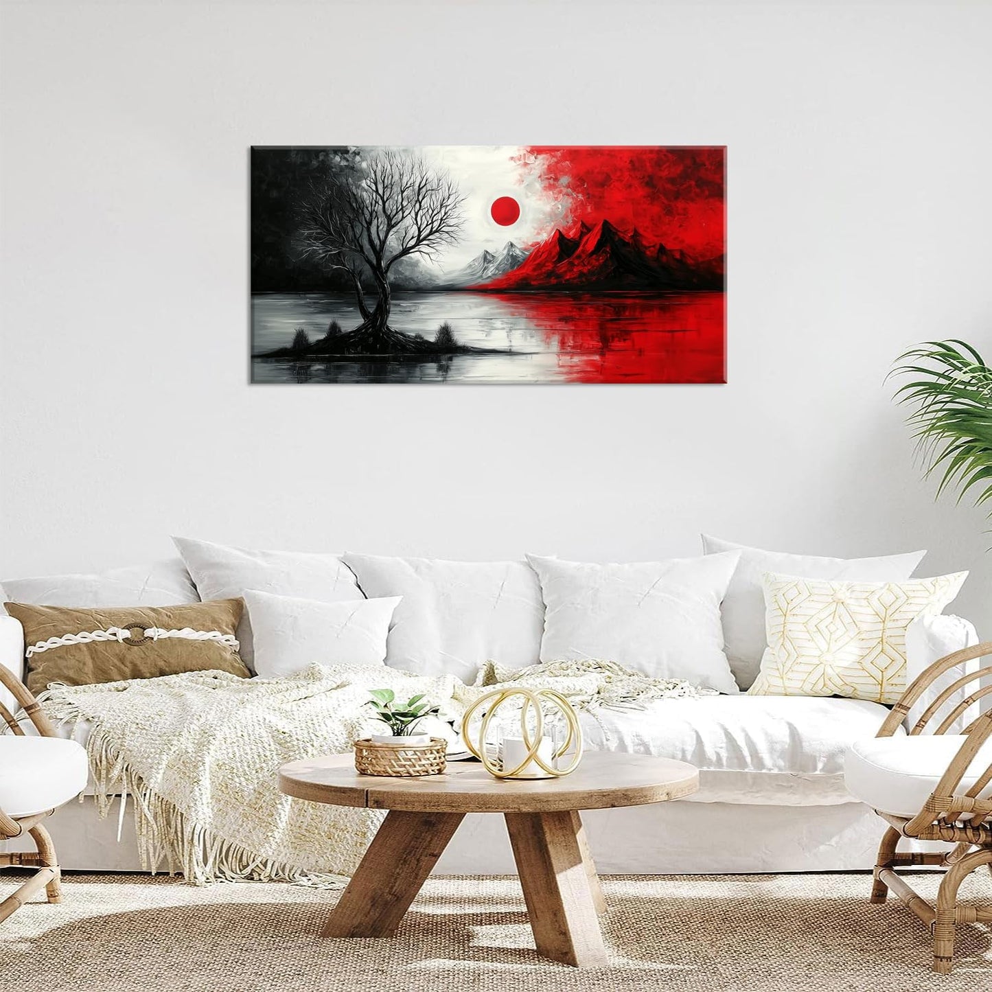 GAFSING Volcano Cloud Tree Canvas Wall Art Abstract Seascape Paintings Print Black and White Red Sun Sea Pictures Artwork Canvas Wall Art for Living Room Bedroom Home Office Decorations Wall Decor (23x46inch)