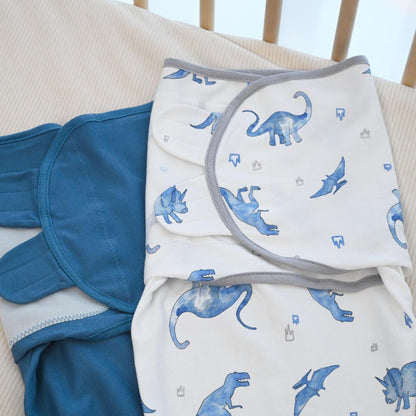 Skiennix Baby Swaddles - Organic Cotton Soft & Snug Velcro Sleep Sack for Newborns | 0-3 Months, 2-Pack Blue Dinosaur