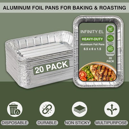 Infinity EL Disposable Aluminum Foil Pans - Heavy Duty Mini Shallow 8.5"x6"x1.5" | 20 Pack for Roasting & Baking