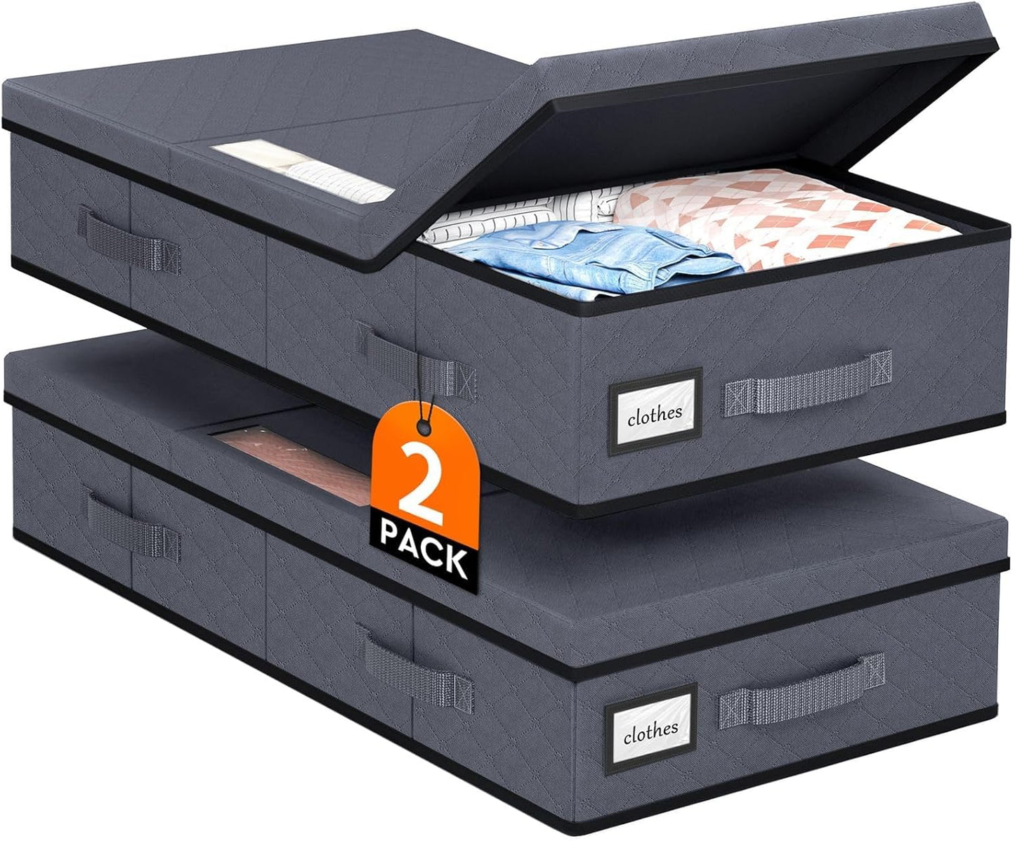 StoreHappily Under Bed Storage Containers - Foldable & Stackable Bags with Clear Window | 2 Pack (Grey)